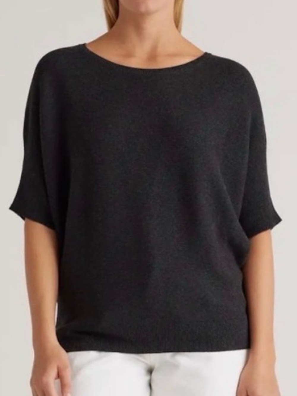 Quince Women Lightweight Cotton Cashmere Link-Stitch Dolman Sweater Charcoal L